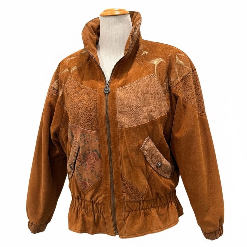 Vintage Leather Patchwork Jacket with Ragland sleeves, genuine leather